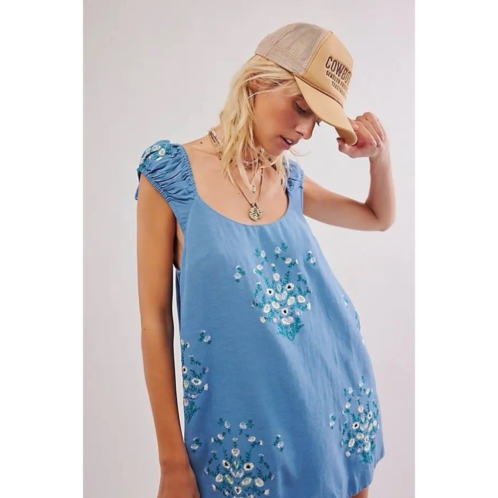 FREE PEOPLE Women's Top Wildflower Mini Dress XL Embroidered LINEN‎ Blend Floral